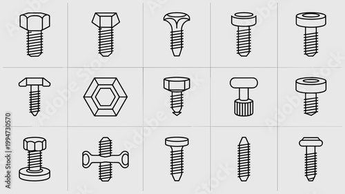 Hardware screws and bolts technical icon set – Ideal for engineering schematics, industrial design portfolios, or e-commerce categories.