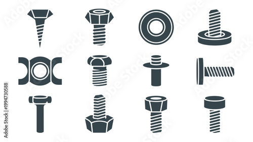 Precision fastener symbols for industrial use – Suitable for technical blueprints, architectural software, or manufacturing catalogs.