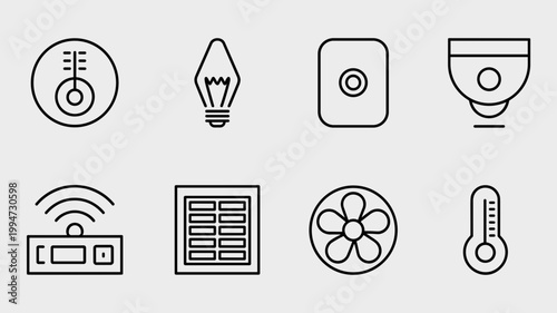 Minimalist geometric smart home icon set – Ideal for tech magazine layouts, minimalist web design, or automation guides.