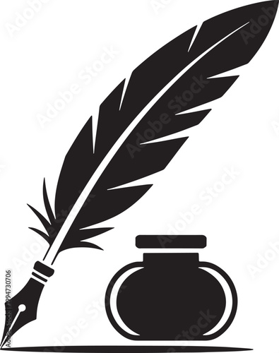 Black silhouette of a quill pen and inkwell on a white background writing literature