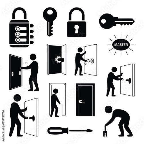 Security icons depicting locks keys doors and people interacting with them