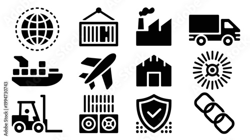 Heavy stroke supply chain and global tracking set – Perfect for transportation infographics, export/import business cards, or cargo apps.