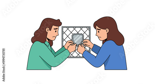 Two Women Working Together to Repair a Metal Fence.