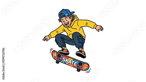 Teenager wearing yellow hoodie performs tricks on skateboard with blue cap