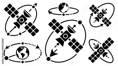 Bold space exploration and orbital trajectory icons – Great for aerospace industry branding, educational astronomy posters, or satellite technology blogs.
