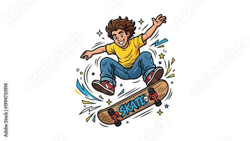 A young boy performs a skateboarding trick with his board in mid-air outdoors.