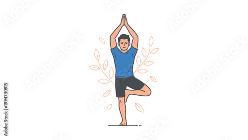 Man practices yoga in tree pose outdoors with hands up