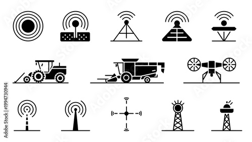 Agricultural tech and autonomous harvester icons – Perfect for farming machinery catalogs, agrotech startup websites, or field sensor guides.