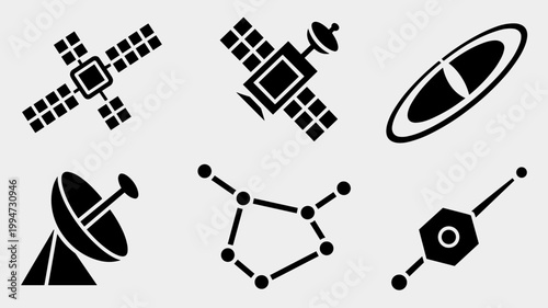 Space probe and constellation icon set – Ideal for astronomical research, orbital path visualization, or space-themed digital content.