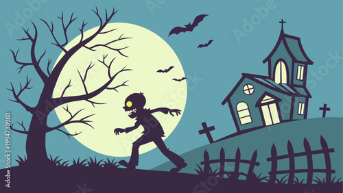 Silhouette of witch flying over moonlit village at night