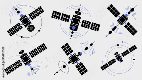 Satellite technology and orbital path icons – Suitable for global communication companies, space exploration news, or satellite tracking apps.