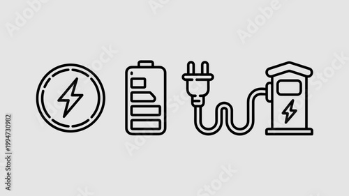 Minimalist EV plug and battery capacity icons – Suitable for battery technology reports, electric vehicle charging guides, or eco-friendly apps.