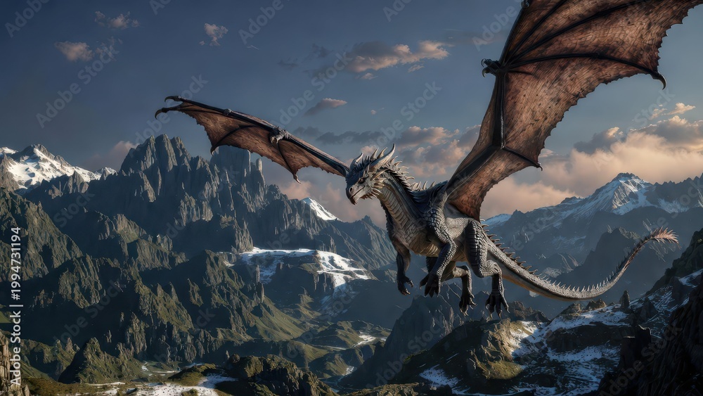 Fototapeta premium Majestic Dragon Flying Over Rugged Mountain Landscape at Dusk