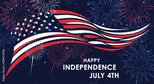 Patriotic Fireworks Display with American Flag on 4th of July