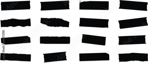 Collection of sixteen black torn paper or tape with white edges and shadows torn tape