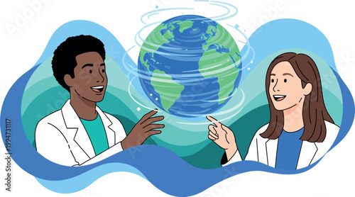 Two scientists discussing the Earth in a cartoon illustration style with a blue background