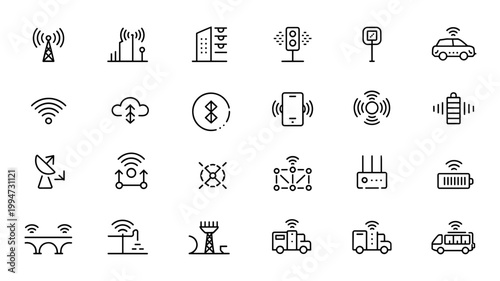 Minimalist smart city and network connectivity set – Ideal for IoT device packaging, city management dashboards, or tech infographics.