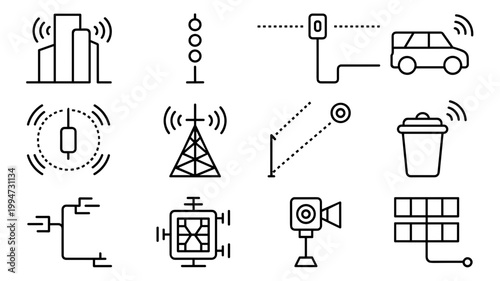Technical smart city sensor and infrastructure icons – Suitable for utility company websites, agrotech reports, or smart grid dashboards.