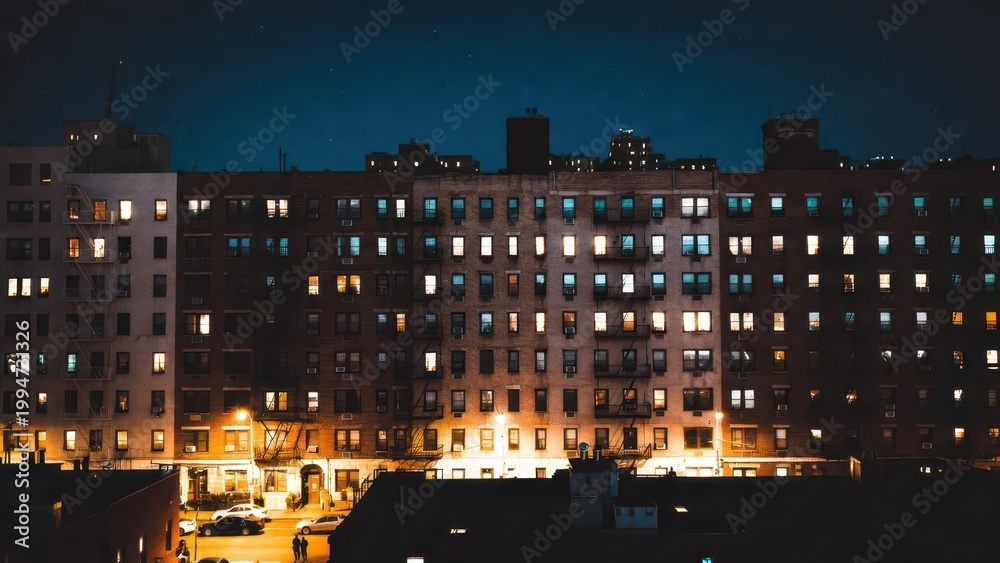 Fototapeta premium Urban Night Scene with Illuminated Windows in City Block