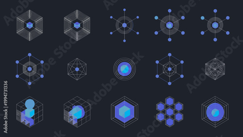 Quantum computing nodes and crystalline data icons – Perfect for quantum physics blogs, high-tech research, or futuristic computing UI.
