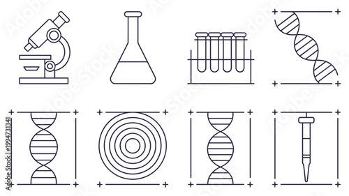 Biotech lab equipment and DNA helix icons – Perfect for genomic research journals, biotech startup branding, or laboratory software interfaces.