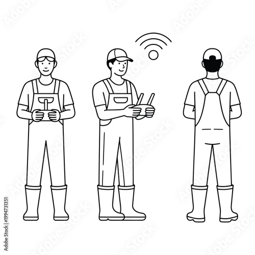 Three workers operating a drone with one facing away from view
