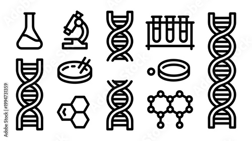 Bold biotech lab and DNA structure icon sheet – Suitable for laboratory signage, science textbook illustrations, or biotech marketing assets.