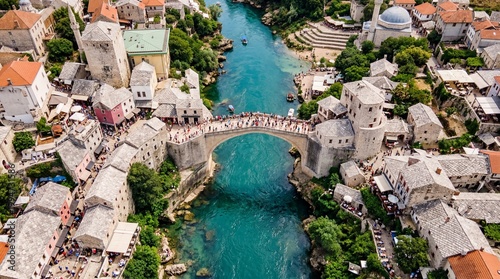 Aerial view of Stari Most bridge over Neretva river in Mostar, Bosnia