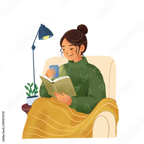 Foto Woman Reading Book Illustration, Cozy Lifestyle Concept, Relaxing Time at Home,