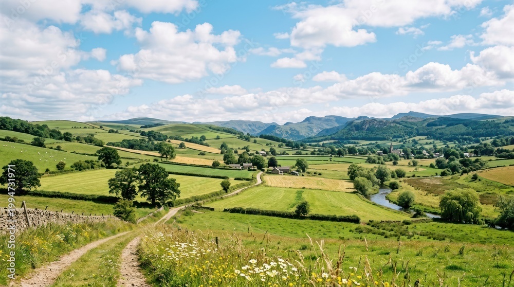 Obraz premium A picturesque countryside landscape with rolling hills, a river, and a small village in the distance.