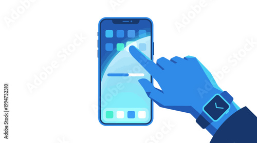 Modern flat vector illustration of a hand interacting with a smartphone screen, featuring a monochromatic blue color palette and tech interface elements