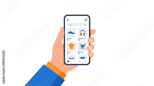  modern flat vector illustration showing a hand holding a smartphone with an e-commerce shopping app interface displayed