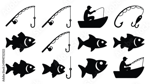 Black silhouette icons of fishing including fish hooks lines and people in boats for hobby and leisure activities