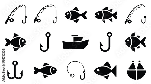 Black silhouette icons of fishing tackle and boats on white background for hobby and leisure designs