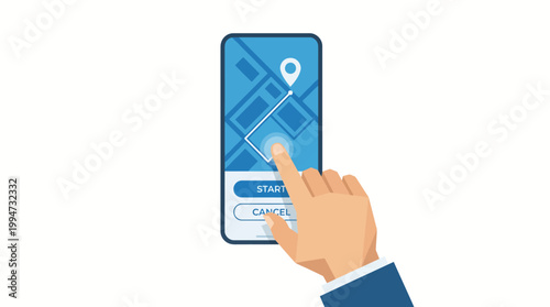 Modern flat vector illustration of a hand using a GPS navigation app on a smartphone