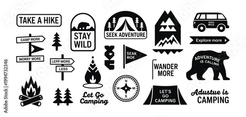 Camping and hiking badge collection featuring forest illustrations and adventure quotes, ideal for outdoor apparel, stickers and travel branding.