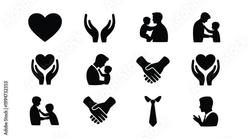 Vector illustration of black silhouettes depicting love care and support with people helping each other and hearts on a white background