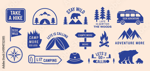 Camping and hiking badge collection featuring forest illustrations and adventure quotes, ideal for outdoor apparel, stickers and travel branding.