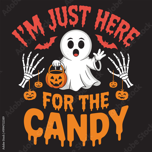 Ghost mascot holding candy bag with text 