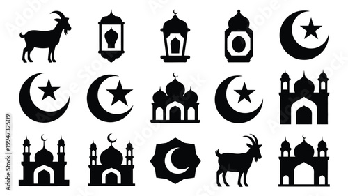 Billede på lærred Eid al adha icons set with mosque silhouettes crescent moons stars goats and lan