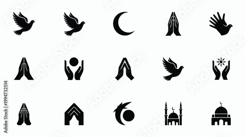 Vector illustration of various religious and spiritual icons and symbols on white background