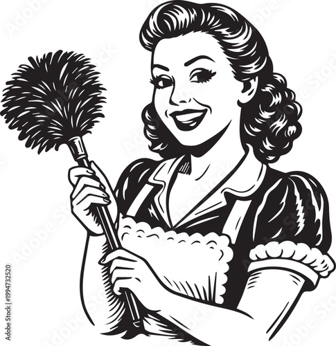 retro woman with broom