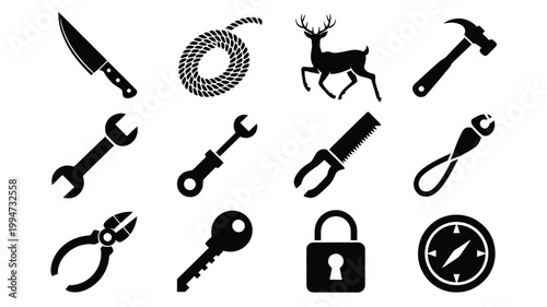 Collection of various black silhouettes featuring tools and objects including a deer
