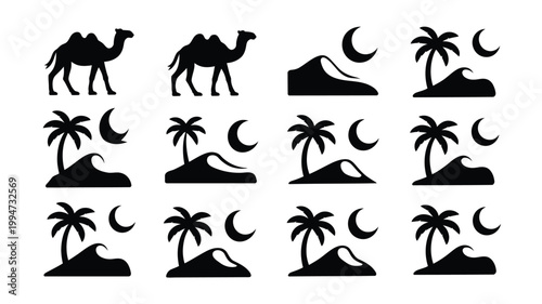 Desert silhouette icons featuring camels palm trees dunes and crescent moons on white background