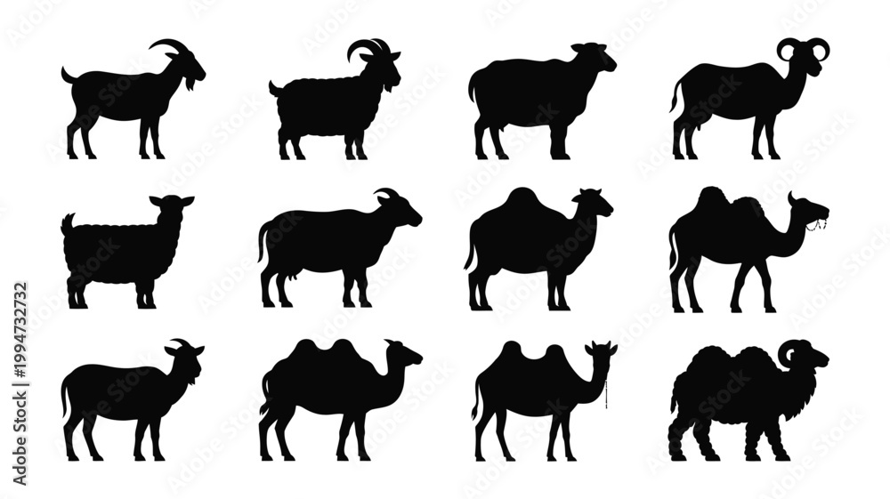 Fototapeta premium Eid animal silhouettes for islamic holiday goats and camels icons