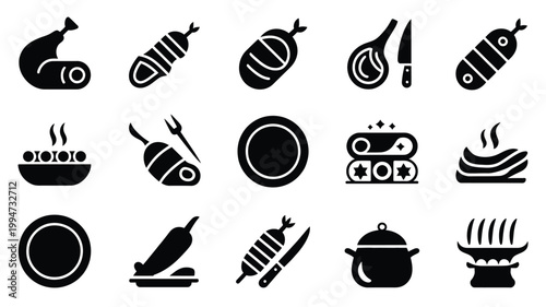 Black silhouette icons of various food and cooking utensils on white background for culinary themes