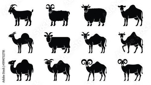 Collection of black silhouette icons featuring various goat and sheep breeds in different poses on white background