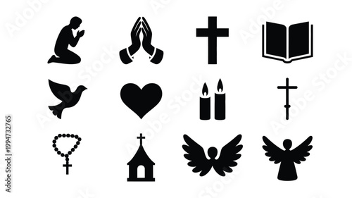 Collection of black silhouettes representing christian faith and spirituality