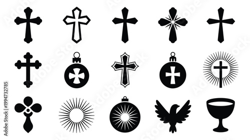 Collection of various christian crosses and symbols on white background