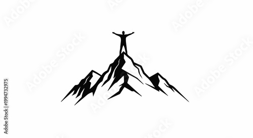 Silhouette of a person with arms raised in triumph atop a jagged mountain peak